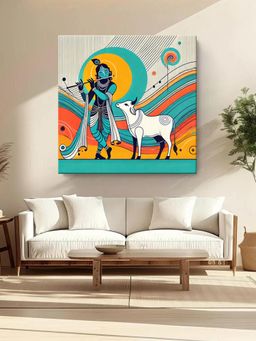 999Store - Modern Depiction Of Krishna And His Sacred Cow In Vibrant Colors - Canvas Painting