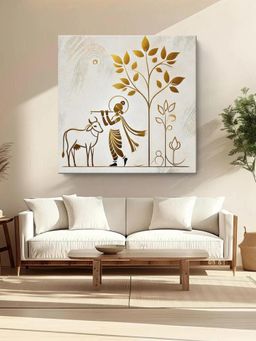999Store - Minimalist Golden Outline Of Krishna Playing The Flute Under A Tree - Canvas Painting