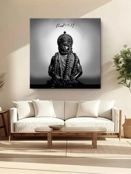 999Store - Black And White Hanuman Statue With Sanskrit Inscription - Canvas Painting