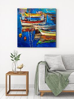 999Store - Vivid Boats In Harbor Canvas-Wrapped Painting Colourful Nautical Decor