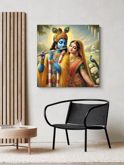 999Store - Canvas Wrapped Painting Of Krishna Playing Flute In Serene Landscape - Divine Wall Art