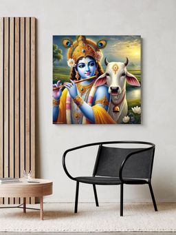 999Store - Canvas Wrapped Painting Of Krishna With Cow In Rural Scenery - Decor For Home
