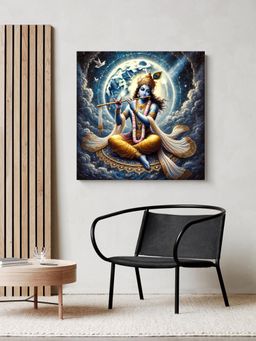 999Store - Divine Krishna With Flute Under Full Moon Canvas-Wrapped Painting - Tranquil Decor