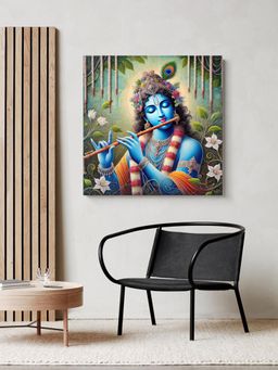 999Store - Floral Krishna Canvas Painting - Hindu Spiritual Art For Home And Temple Decor