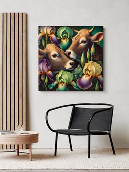 999Store - Canvas Wrapped Painting Of Two Cows With Flowers - Rustic Art For Traditional Homes