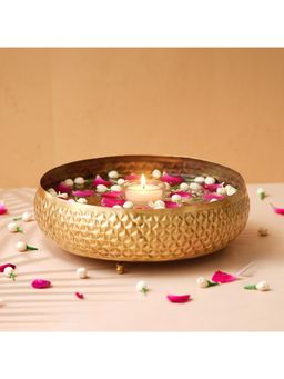 eCraftIndia - Floral Designer Golden Metal Urli Bowl For Decoration Office Tv Unit Kitchen Showpiece
