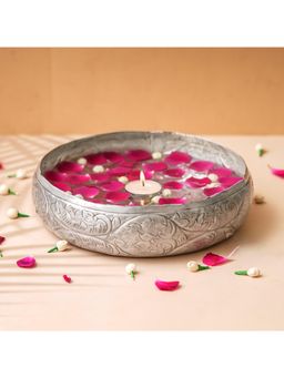 eCraftIndia - Floral Designer Silver Metal Urli Bowl For Decoration Office Tv Unit Kitchen Showpiece