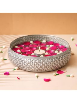 eCraftIndia - Floral Silver Metal Urli Bowl For Home Decoration Office Tv Unit Kitchen Showpiece