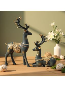 eCraftIndia - Resin Reindeer Showpiece For Home Decor Living Room (Pack Of 2 Golden Blue)