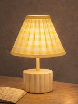 The Decor Mart - Classic Yellow Fabric Shade Table Lamp - Round Fluted Metal Base