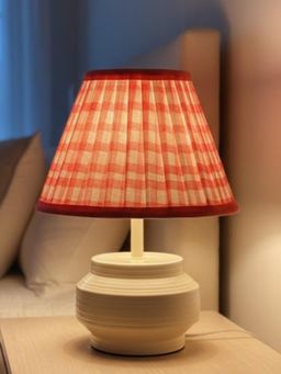The Decor Mart - Modern Metal Base Table Lamp With Red Check Printed Fabric Shade