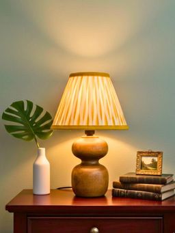 The Decor Mart - Elegant Double-Curve Wooden Lamp With Printed Fabric Shade