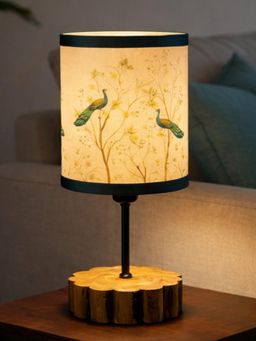 The Decor Mart - Handcrafted Wooden Base Table Lamp With Peacock Printed Shade