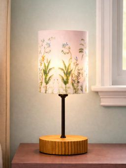 The Decor Mart - Carved Round Wood Lamp With Pastel Floral Shade