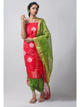 Unnati Silks - Unstitched Red Pure Bandhani Cotton Salwar Kameez (Set of 3)