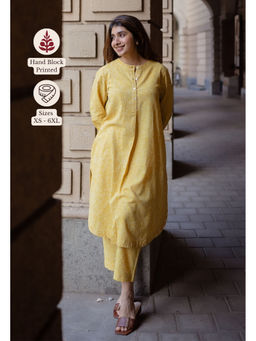 The Indian Ethnic Co. - Yellow A-Line Printed Cotton Embroidered Kurta