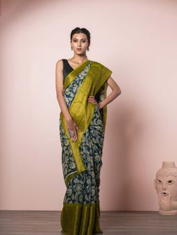 EXCLUSIVA - Blue and Green Soft Printed Silk Linen Saree with Unstitched Blouse