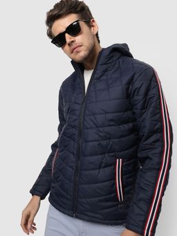 Campus Sutra - Navy Blue Solid Jacket Side Stripes
