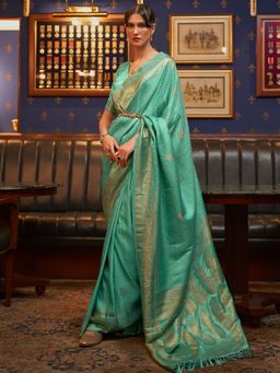 Akhilam - Womens Silk Blend Sea Green Woven Design Designer Saree with Unstitched Blouse