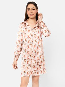 Clovia - Reindeer Print Button Down Sleep Shirt In Beige - Satin