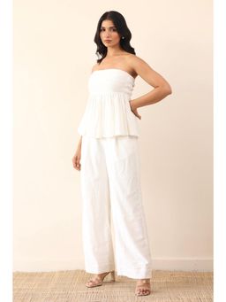 PR Label - White Cotton Gathered Solid Co-Ord (Set of 2)