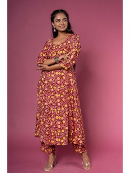 NAVYAS FASHION - Maroon Block Printed Anarkali Kurta (Set of 2)