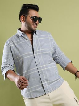 Instafab Plus - Men's Light Grey Contrast Tartan Plaid Shirt