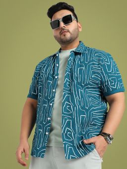 Instafab Plus - Men's Teal Lines Print Shirt