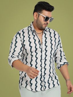 Instafab Plus - Men's White & Teal Contrast Paint Lines Shirt