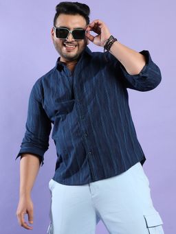 Instafab Plus - Men's Navy Blue & Turquoise Striped Shirt