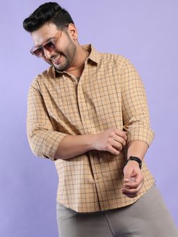 Instafab Plus - Men's Beige Contrast Tartan Plaid Shirt
