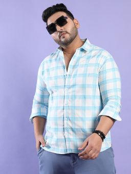 Instafab Plus - Men's White & Light Blue Tartan Plaid Shirt