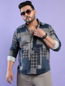 Instafab Plus - Men's Navy Blue Herringbone Block Shirt