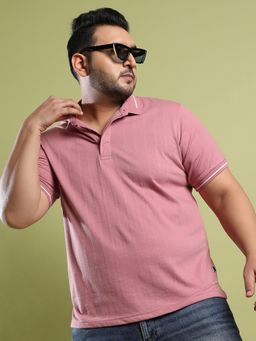Instafab Plus - Men's Pink Self-Design Halo Striped Polo T-Shirt