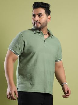 Instafab Plus - Men's Olive Green Self-Design Horizontal Striped Polo T-Shirt