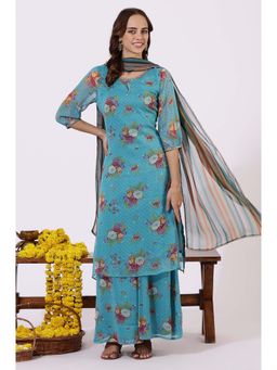 W - Blue Floral Kurta with Palazzo and Dupatta (Set of 3)