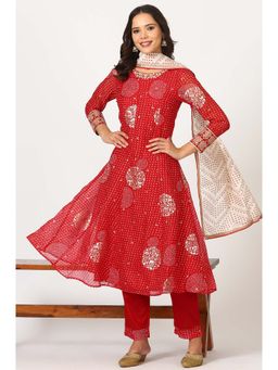 W - Red Floral Anarkali Kurta with Pant and Dupatta (Set of 3)