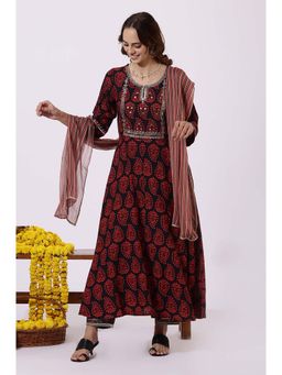 W - Black Paisley Anarkali Kurta with Pant and Dupatta (Set of 3)