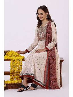 W - Cream Embroidered Anarkali Kurta with Pant and Dupatta (Set of 3)