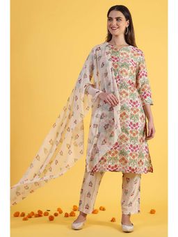 W - Cream Floral Kurta with Pant and Dupatta (Set of 3)