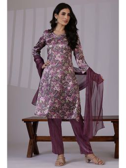 W - Purple Floral Kurta with Pant and Dupatta (Set of 3)