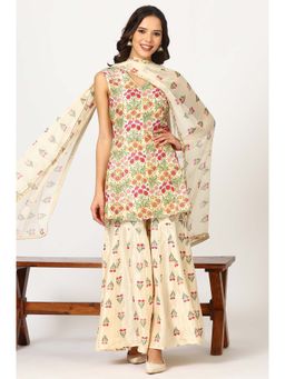 W - Floral White Anarkali Kurti with Sharara and Dupatta (Set of 3)