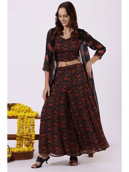 W - Black Floral Crop Top and Gillet and Palazzo (Set of 3)