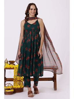 W - Green Floral Anarkali Kurta with Pant and Dupatta (Set of 3)