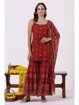 W - Red Floral Kurti with Sharara and Dupatta (Set of 3)