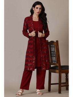 Aurelia - Red Textured Kurta with Jacket and Pant (Set of 3)