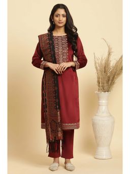 WISHFUL by W - Maroon Embroidered Kurta with Pant and Dupatta (Set of 3)
