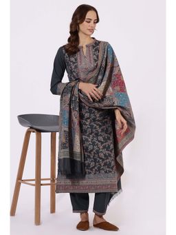W - Grey Printed Kurta with Pant and Dupatta (Set of 3)