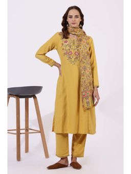 W - Yellow Printed Kurta with Pant and Dupatta (Set of 3)