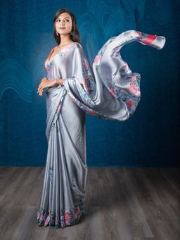 EXCLUSIVA - Grey Floral Satin Crepe Digital Print Saree with Unstitched Blouse